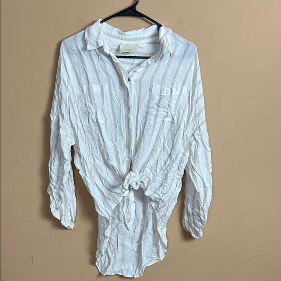 Maeve by Anthropologie Women’s Size Large White & Tan Button Up High/Low Blouse - Picture 1 of 6